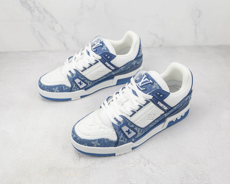 Tênis Louis Vuitton Trainer Blue Monogram Denim White