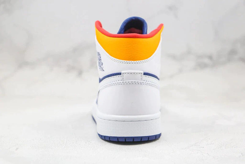 Tênis Nike Air Jordan 1 Mid White Laser Orange Deep Royal Blue